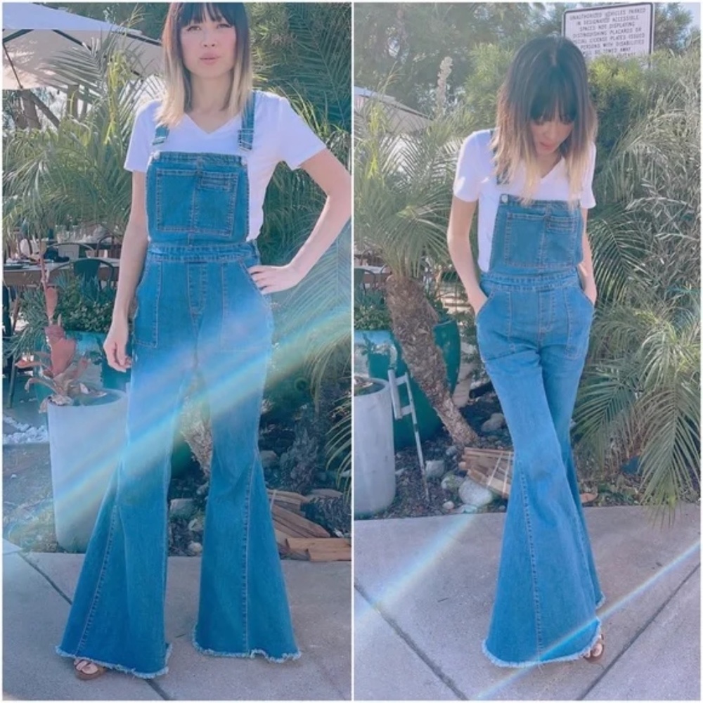 Boho Denim Vintage Style Flared Bell Bottom Wide Leg Overalls - Picture 4 of 8